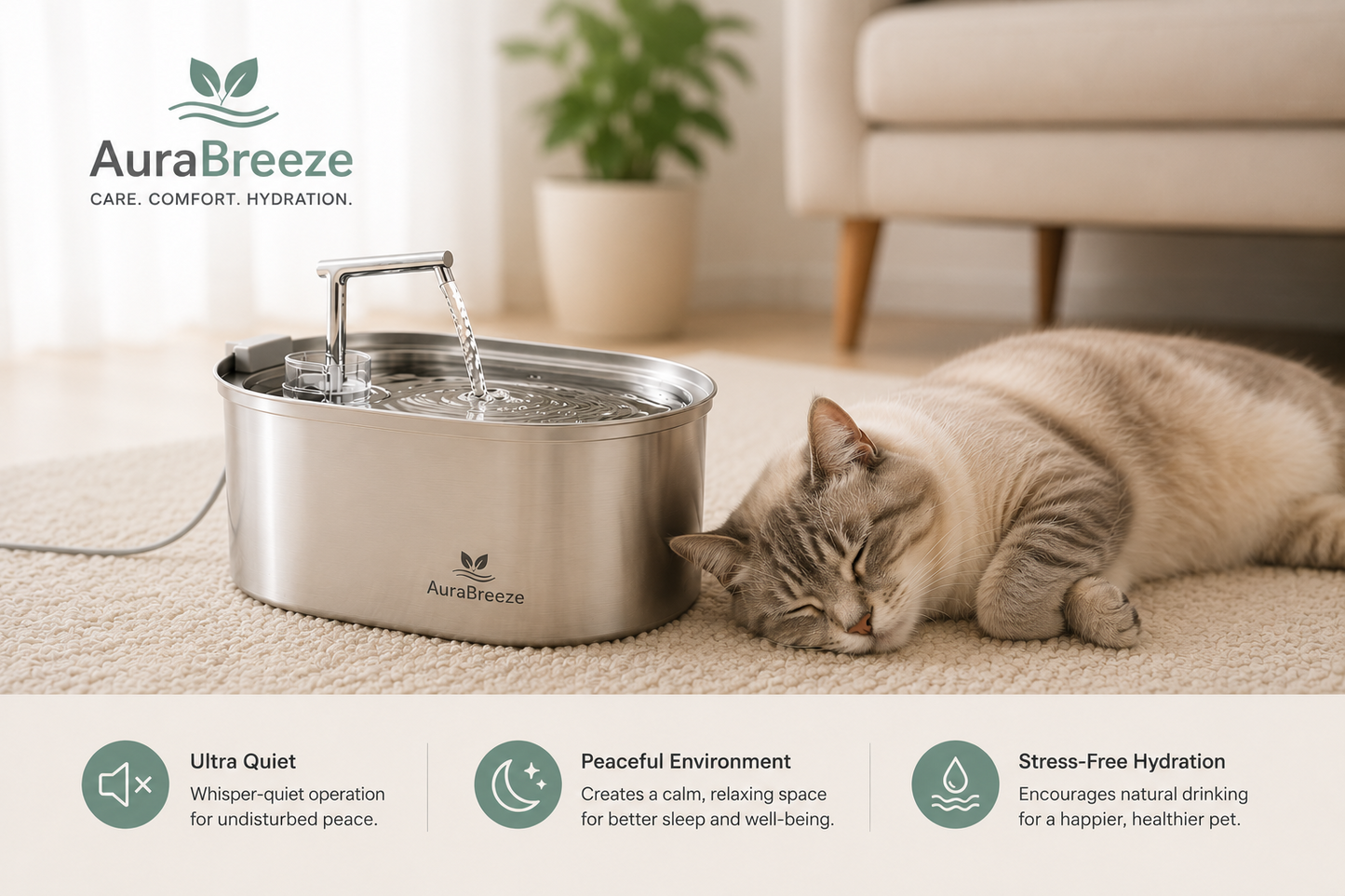 Aura Breeze Stainless Pet Water Fountain